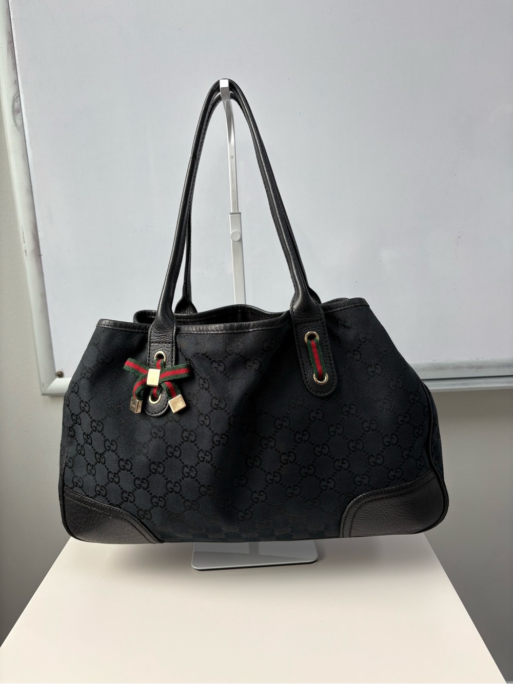 Gucci Princy Canvas  Black Monogram Shoulder Tote with Web Ribbon Detail